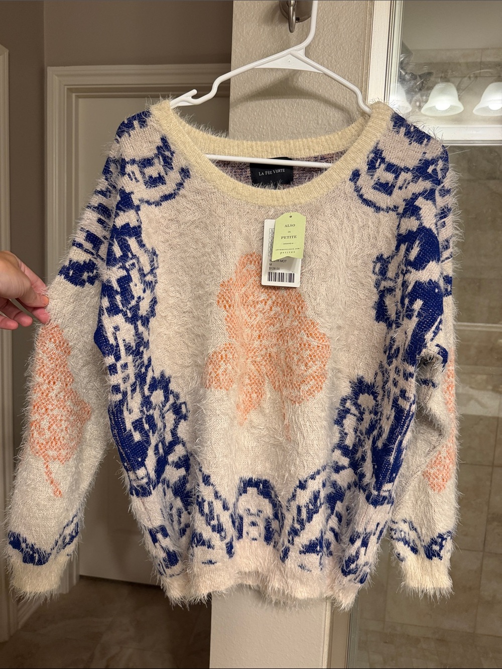 NWT Anthropologie La Vie En Rose Cream Fuzzy Sweater with Floral Moti